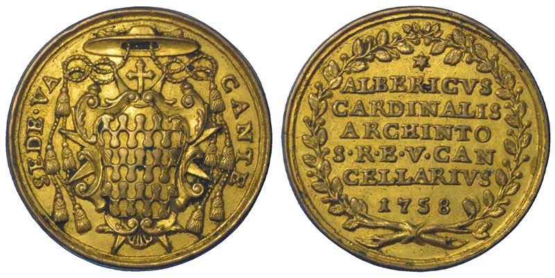 STATO PONTIFICIO. SEDE VACANTE 1758. Medaglia in bronzo dorato emessa dal Cardinale Vice Cancelliere Alberigo Archinto.  - Auction Numismatics - Cambi Casa d'Aste
