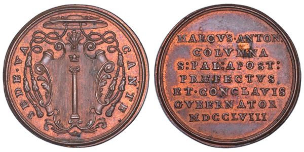 STATO PONTIFICIO. SEDE VACANTE 1758. Medaglia in bronzo emessa dal Prefetto dei Sacri Palazzi Apostolici e Governatore del Conclave Monsignore Marco Antonio Colonna.