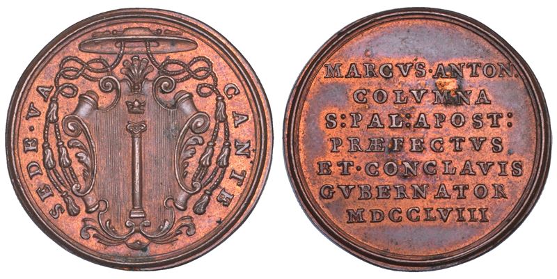 STATO PONTIFICIO. SEDE VACANTE 1758. Medaglia in bronzo emessa dal Prefetto dei Sacri Palazzi Apostolici e Governatore del Conclave Monsignore Marco Antonio Colonna.  - Auction Numismatics - Cambi Casa d'Aste