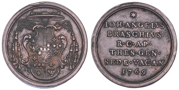 STATO PONTIFICIO. SEDE VACANTE 1769. Medaglia in bronzo emessa dal Tesoriere Generale Monsignore Giannangelo Braschi (poi Pio VI).