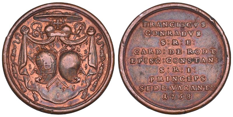 STATO PONTIFICIO. SEDE VACANTE 1758. Medaglia in bronzo emessa dal Cardinale Francesco de Rodt.  - Asta Numismatica - Cambi Casa d'Aste