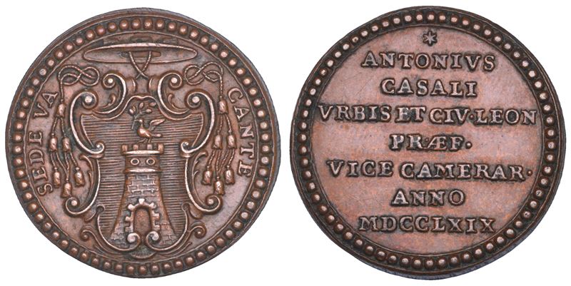 STATO PONTIFICIO. SEDE VACANTE 1769. Medaglia in bronzo emessa dal Governatore di Roma e Vice Camerlengo Monsignore Antonio Casali.  - Asta Numismatica - Cambi Casa d'Aste