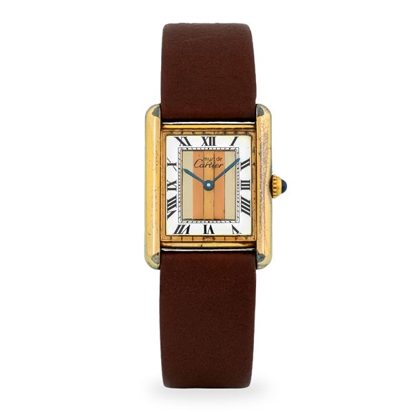 Cartier - Must Tank Vermeil in argento laminato, quadrante bianco e specchiato a tre colori con numeri Romani, circa 1990