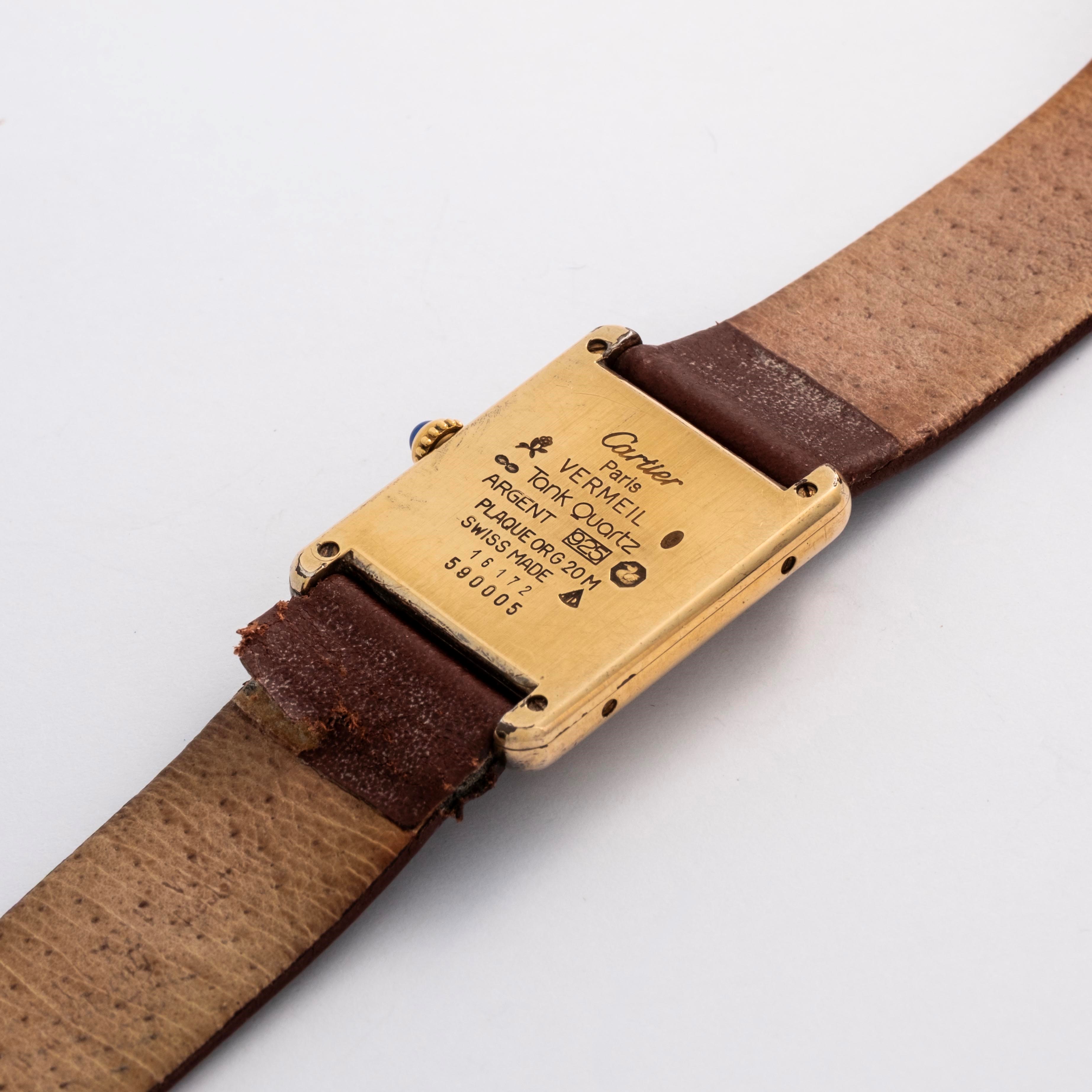 Cartier - Must Tank vermeil in argento laminato con quadrante bianco e specchiato, circa 1990