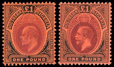 Francobolli del Niger Meridionale, 1 £ Edoardo VII e 1 £ Giorgio V (1907/1912), nuovi, gomma orig...