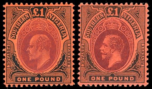 BRITISH COLONIES-SOUTHERN NIGERIA 1907/1912 - 1 £ Edoardo VII e 1 £ Giorgio V (Yv.44,56), nuovi, gomma originale, MLH, perfetti.  - Auction Philately - Cambi Casa d'Aste