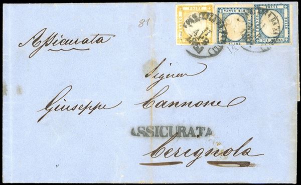 1861 - 10 grana giallo ocra, falso per posta del I tipo, effigie "A", perfetto e ben marginato, 2 grana azzurro, due esemplari con difetti di marginatura (F5,20b), su lettera assicurata da Napoli 11/4/1861 a Cerignola. Pregevole uso di questo falso su lettera assicurata per l'interno. Cert. E.Diena.