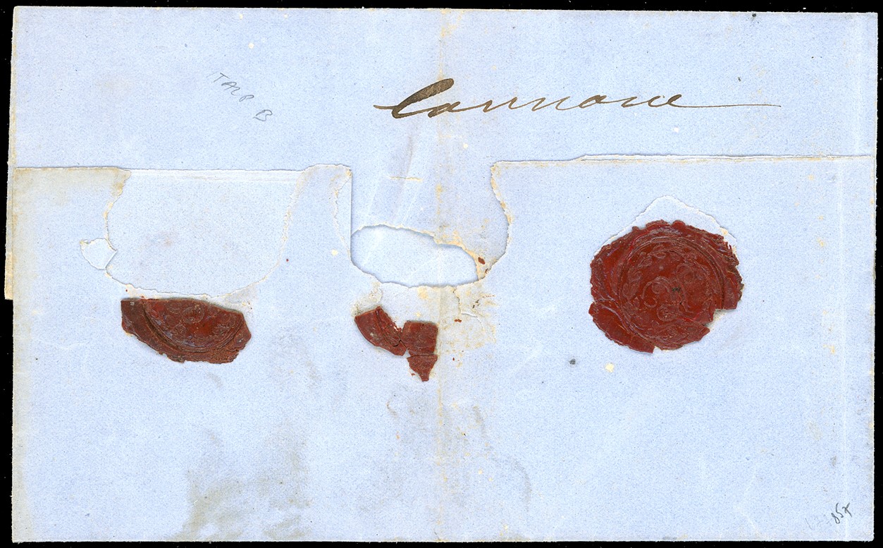 1861, 10 grana giallo ocra e 2 grana azzurro, falsi per posta del I tipo, su lettera assicurata d...