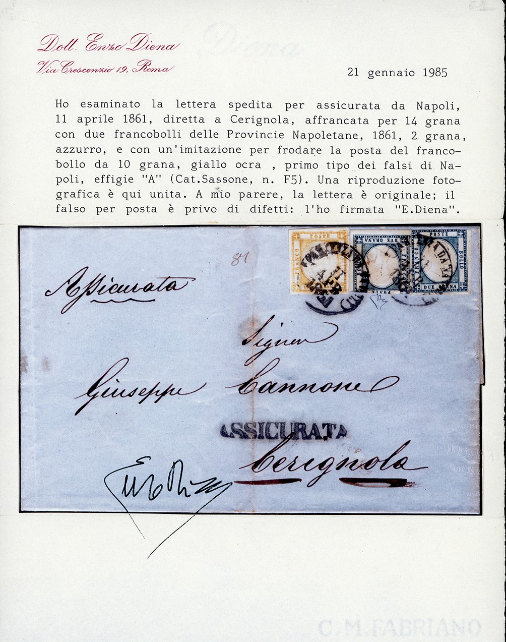 1861, 10 grana giallo ocra e 2 grana azzurro, falsi per posta del I tipo, su lettera assicurata d...