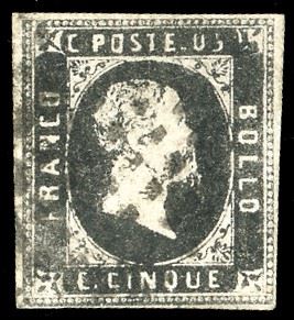 1851 - 5 cent. nero (1), usato, perfetto. Cert. Sorani.