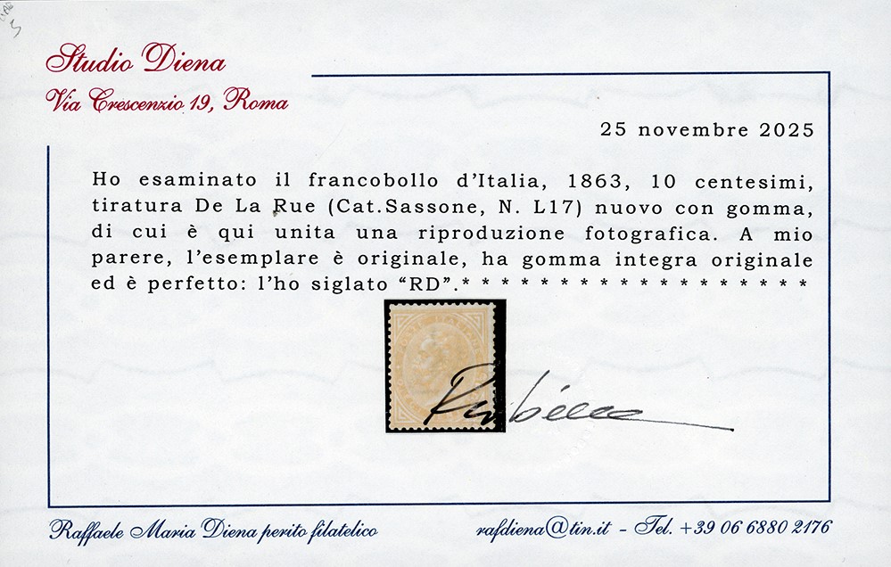 1863, 10 centesimi De La Rue, tiratura di Londra (L17), nuovo con gomma originale integra