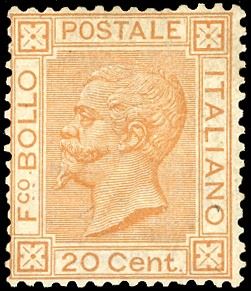 1877 - 20 cent. ocra arancio (28), discreta centratura, gomma originale integra, perfetto. A.Diena, cert. Avanzo.