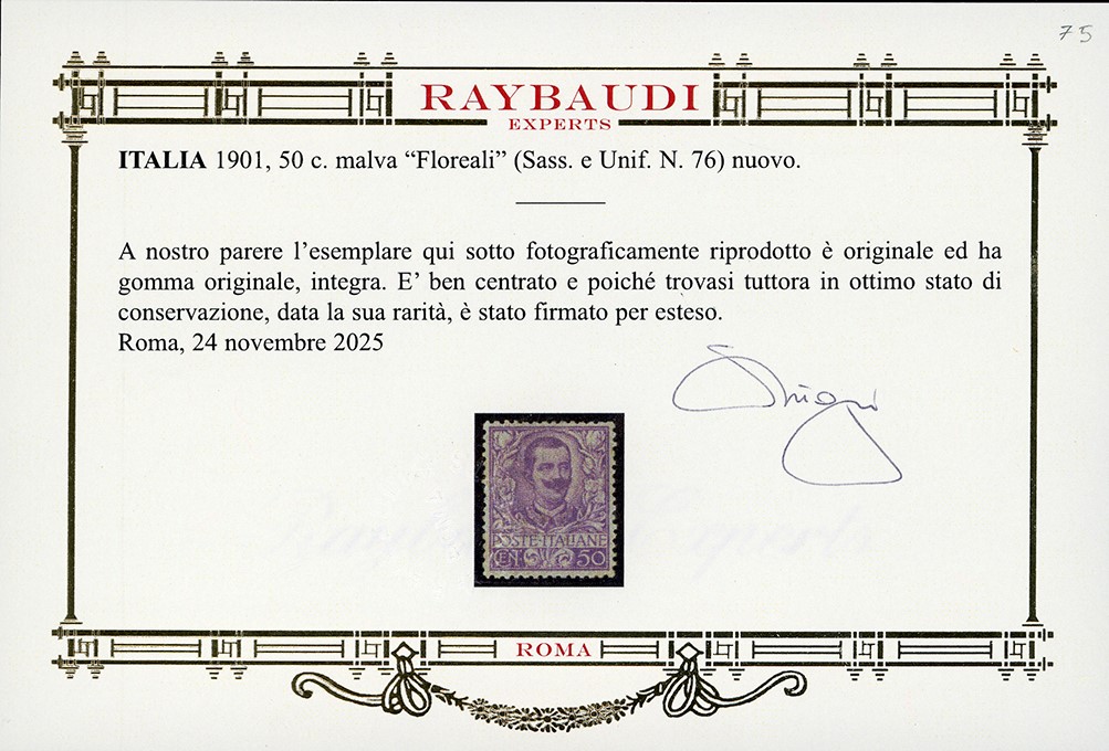 Italia, 1901 - 50 centesimi, francobollo floreale, nuovo, gomma originale integra