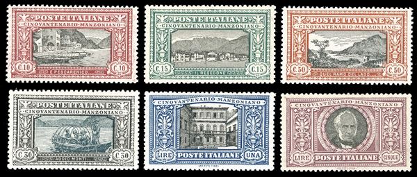 1923 - Manzoni, serie completa (151/156), ben centrati, nuovi, gomma originale integra, perfetti e molto freschi. A.Diena per il 5 lire, cert. Oro Raybaudi per la serie.