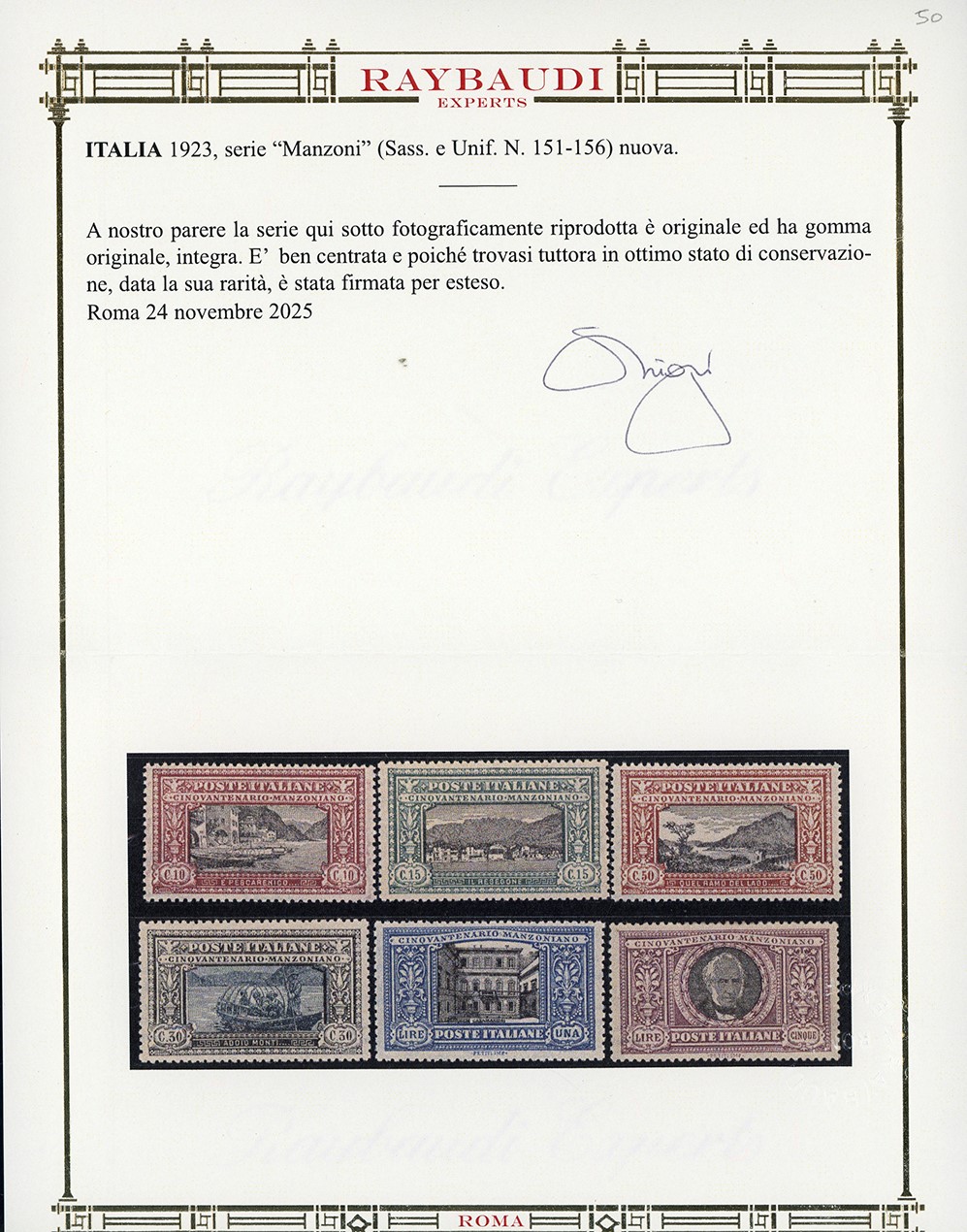 Manzoni, Serie completa francobolli (151/156) del 1923, gomma originale integra
