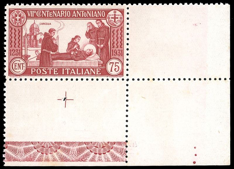 1931 - 75 cent. S.Antonio, dent. 12 (299), ben centrato, angolo di foglio, nuovo, gomma originale integra, perfetto. Eccezionale. Cert. Raybaudi.  - Asta Filatelia - Cambi Casa d'Aste