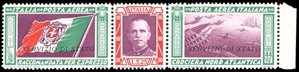 1933 - 5,25 + 44,75 lire Trittico Servizio di Stato, filigrana lettere praticamente completa (1a), nuovo, gomma originale integra, perfetto. Cert. E.Diena.