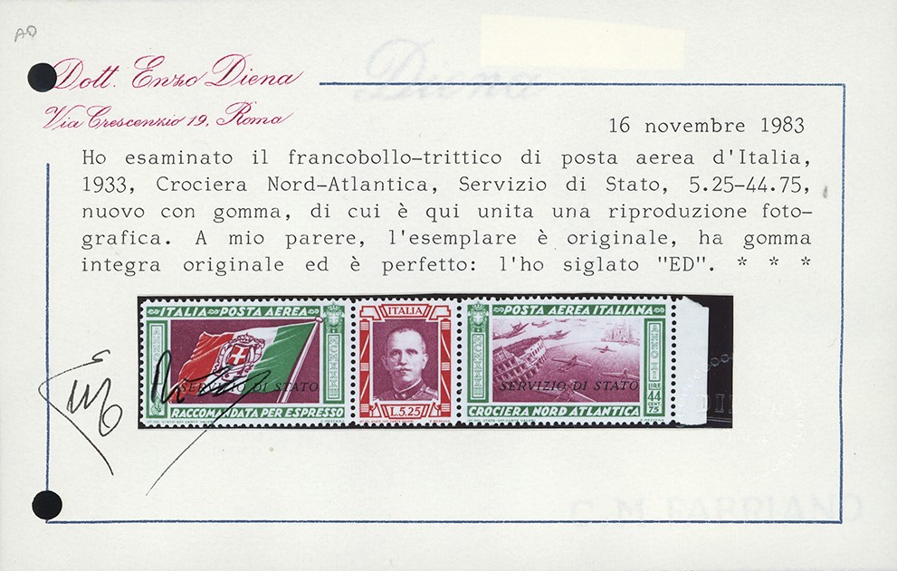 Trittico Servizio di Stato, 1933 - 5,25 + 44,75 lire, filigrana lettere completa