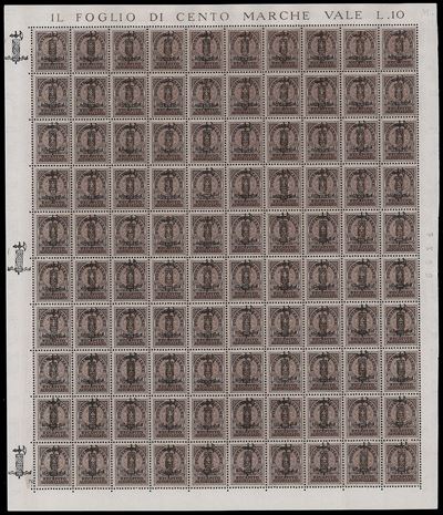 RECAPITO AUTORIZZATO, 1944 - 10 cent. bruno, foglio completo di 100 esemplari con soprastampa non...