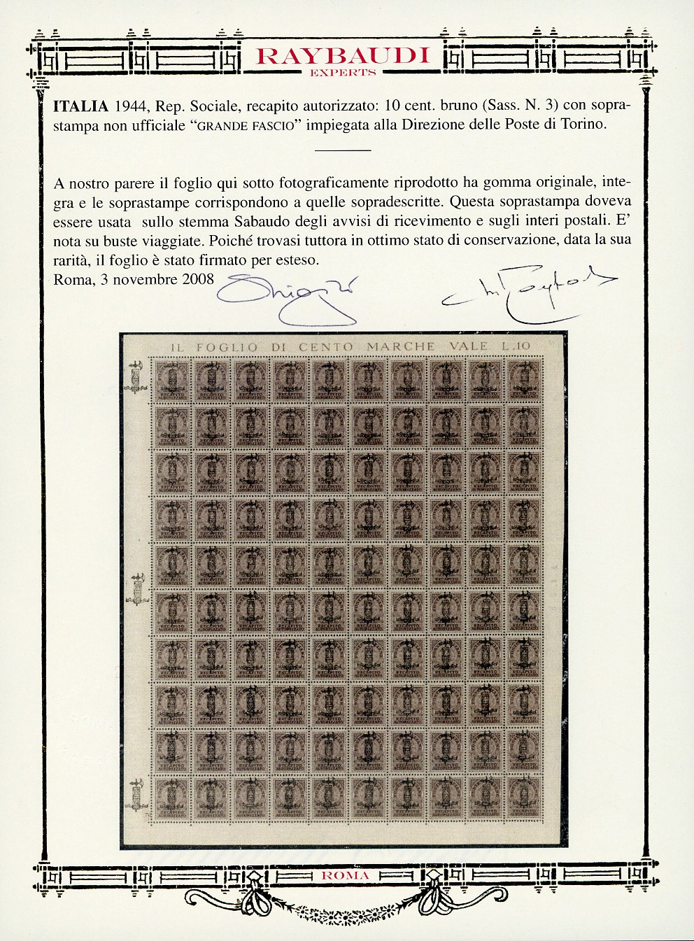 RECAPITO AUTORIZZATO, 1944 - 10 cent. bruno, foglio completo di 100 esemplari con soprastampa non...