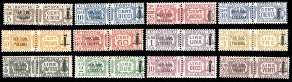 PACCHI POSTALI 1944 - Soprastampati fascetto, serie completa (36/47), nuovi, gomma originale integra, perfetti. Cert. Diena.