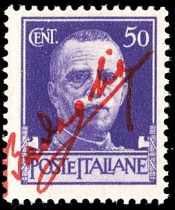 1943 - 50 cent. Imperiale, soprastampa in rosso vermiglio "Badoglio" (CEI 471A, 10.500 €), nuovo, gomma originale integra, perfetto. Raro. Cert. Avanzo.