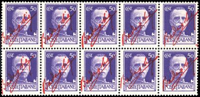 1943, 50 cent. Imperiale con soprastampa in rosso vermiglio 'Badoglio', foglietto di 10 esemplari