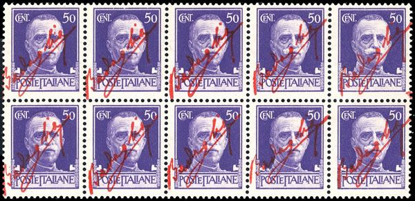 1943 - 50 cent. Imperiale, soprastampa in rosso vermiglio "Badoglio" (CEI 471A, 105.000+), foglietto di 10 esemplari, nuovo, gomma originale integra, perfetto. Rarissimo, pochissimi esistenti. Chiavarello, cert. Avanzo.