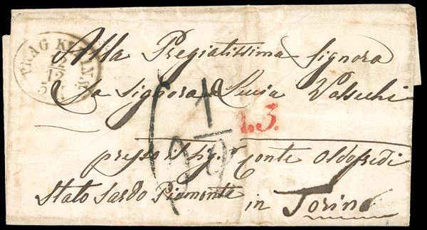 INCOMING MAIL REPUBBLICA CECA 1858 - Lettera non affrancata da Praga 12/12/1858 a Torino, sul fronte bollo rosso "A.3" e tampone 6 1/2. Non comune provenienza.