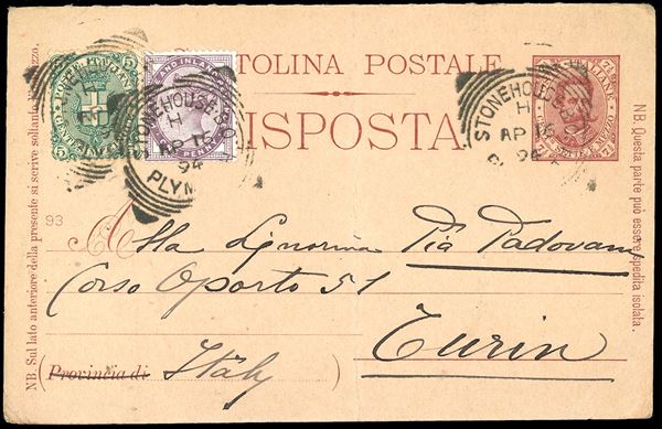 INTERI POSTALI 1894 - 7 1/2 cent., cartolina postale con risposta pagata, III tiratura, millesimo 93, lieve piega verticale al centro (Filograno C19), integrata con 5 cent. Stemma (59) e 1 p. Regina Vittoria di Gran Bretagna (Unificato 73), perfetti, da Plymouth 16/4/1894 a Torino. Interessante e non comune.