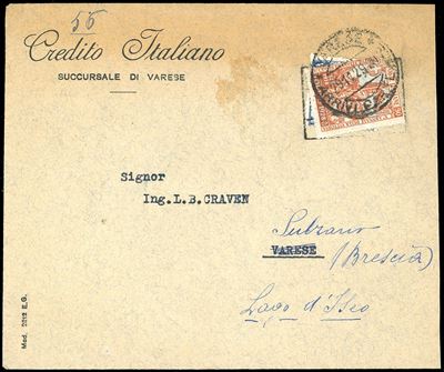 1929, 10 cent. recapito autorizzato su busta postale da Varese, affrancatura mista