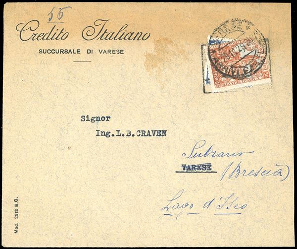 1929 - 10 cent. recapito autorizzato, dent. 14 (2), su busta da Varese per città, dove è stata riaffancata con 50 cent. Emanuele Filiberto (233), prima di essere rispedita a Sulzano, bollo di arrivo al verso. Interessante e rara affrancatura "mista" di rispedizione.