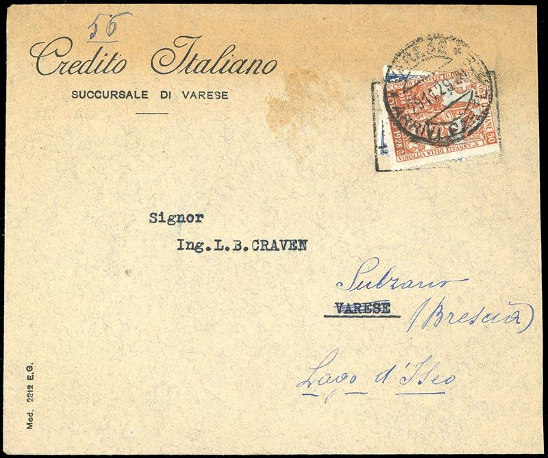 1929 - 10 cent. recapito autorizzato, dent. 14 (2), su busta da Varese per città, dove è stata riaffancata con 50 cent. Emanuele Filiberto (233), prima di essere rispedita a Sulzano, bollo di arrivo al verso. Interessante e rara affrancatura "mista" di rispedizione.  - Asta Filatelia - Cambi Casa d'Aste