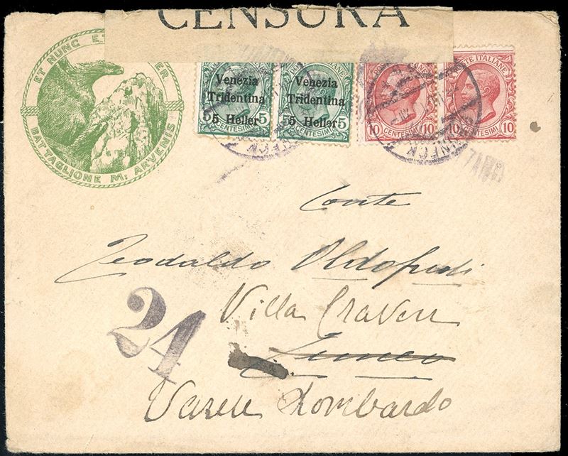 TRENTINO ALTO ADIGE 1919 - 5 h. su 5 cent. soprastampato (28), coppia, in affrancatura mista con 10 cent. Leoni (82), coppia, su busta da Brunico 4/3/1919 a Cuneo, rispedita a Varese, verificata per censura. Interessante e non comune affrancatura mista.  - Auction Philately - Cambi Casa d'Aste