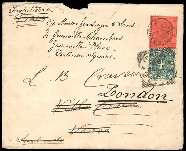 CHINA UFFICI INGLESI 1896 - 10 cent. Regina Vittoria (Yv.41), perfetto, su busta da Shanghai 23/5/1896 a Varese, in Italia, dove è stata riaffrancata con 5 cent. Stemma di Umberto I (59), un angolo arrotondato, prima di essere rispedita a Londra. Affascinante e rara affrancatura mista di rispedizione.