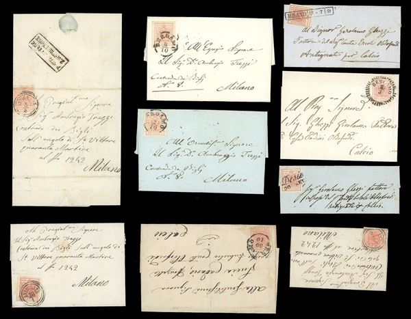 LOMBARDO VENETO 1850/1858 - Nove lettere affrancate con 15 cent. della I emissione, con discreta varietà di annulli, generalmente di buona qualità.