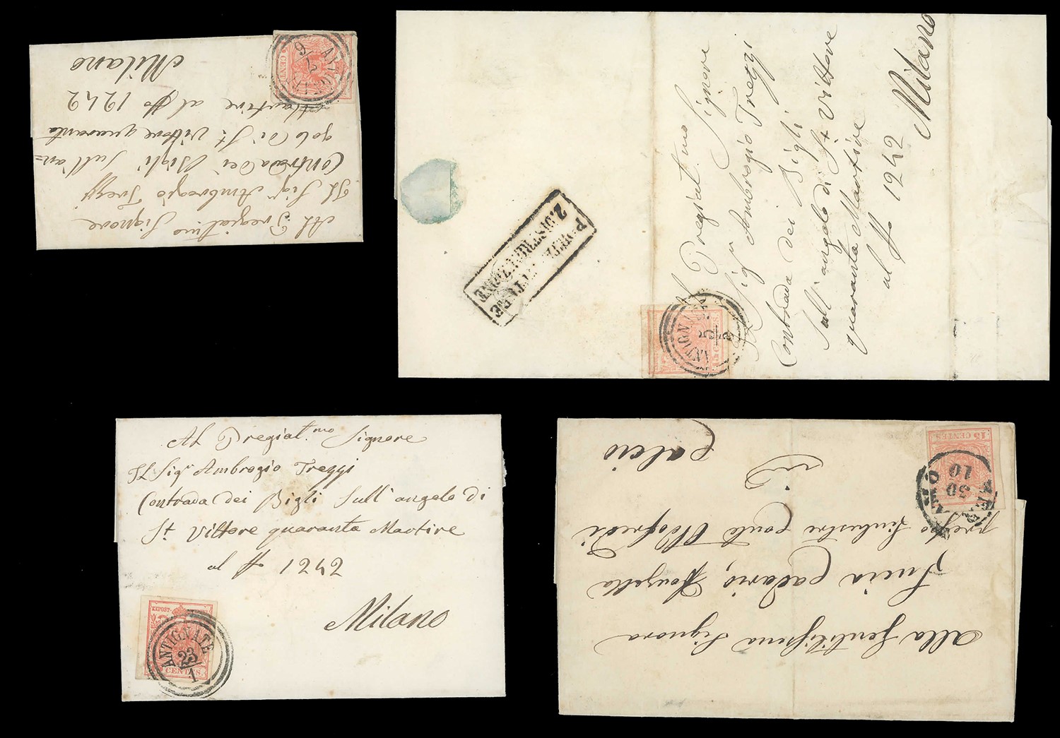 Lombardo Veneto, Nove lettere affrancate con 15 cent. della prima emissione, assortimento di annu...