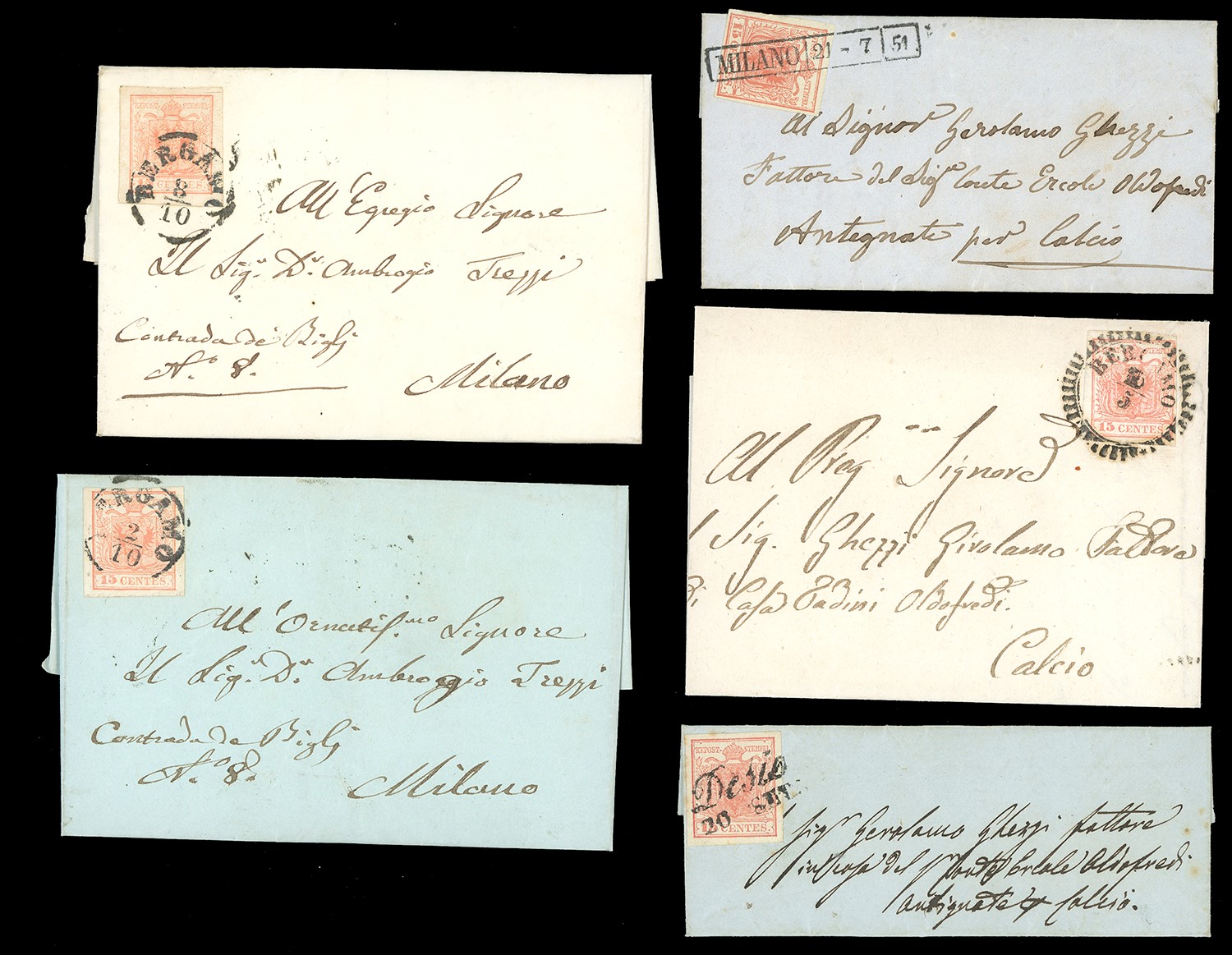 Lombardo Veneto, Nove lettere affrancate con 15 cent. della prima emissione, assortimento di annu...