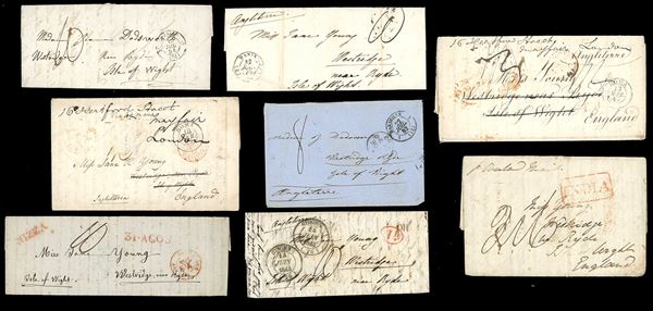 GRAN BRETAGNA 1843/1854 - Piccolo ma interessante insieme di otto lettere prefilateliche o non affrancate, tutte dirette all'Isola di Wight. Notate due dallo Stato Pontificio e una dall'India. Interessante e non comune insieme.