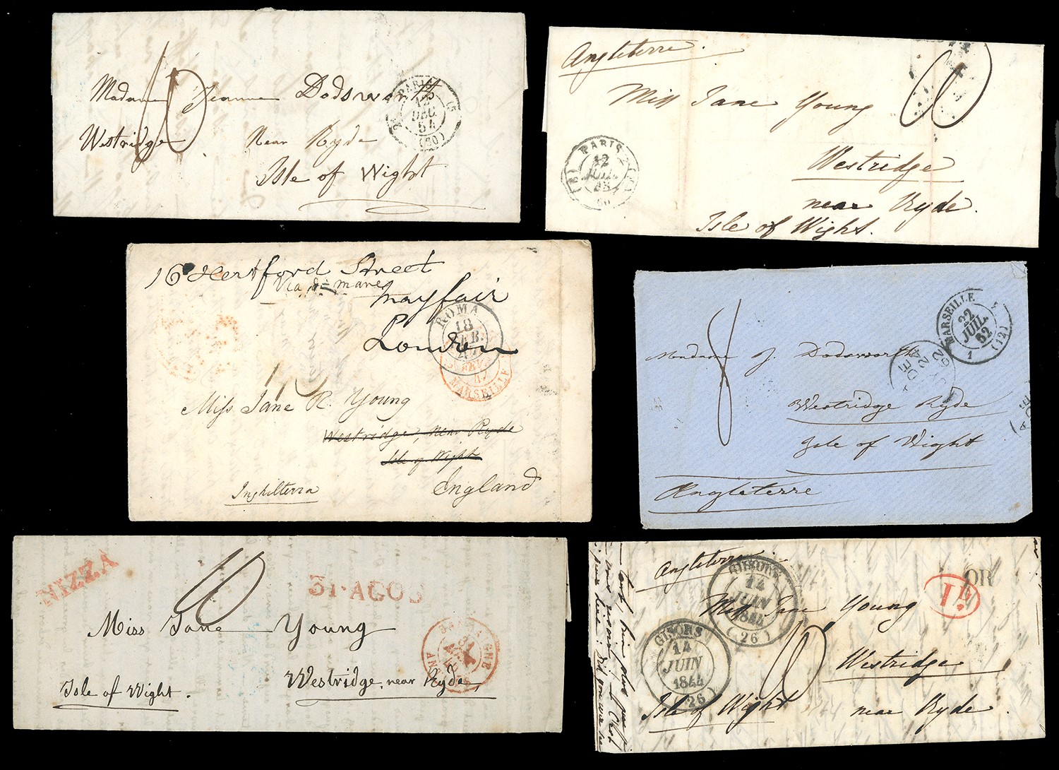 Gran Bretagna, Insieme di otto lettere prefilateliche dirette all'Isola di Wight, 1843/1854