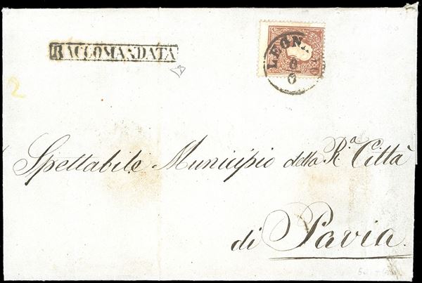 1860 - 10 soldi bruno, II tipo (31), un esemplare al recto e uno al verso per il diritto di raccomandazione, perfetti, su lettera raccomandata da Legnago 6/6/1860 a Pavia, non tassata in arrivo come consueto perché godeva di franchigia in Italia. Interessante e non comune. E.Diena.