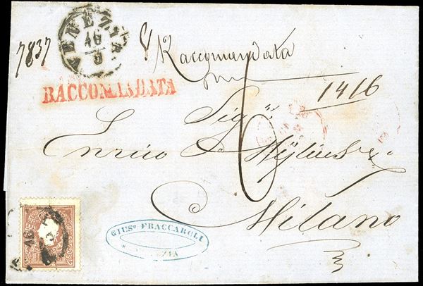 1860 - 10 soldi bruno, II tipo (31), un esemplare al recto, perfetto e uno al verso, danneggiato all'apertura, su lettera raccomandata da Venezia 16/6/1860 a Milano, tassata in arrivo 60 cent.