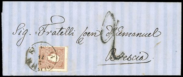1861 - 10 soldi bruno, II tipo (31), perfetto, su graziosa lettera a bande verticali "pseudo-valentina" da Venezia S.ta Lucia 14/3/1861 a Brescia, tassata 20 cent.