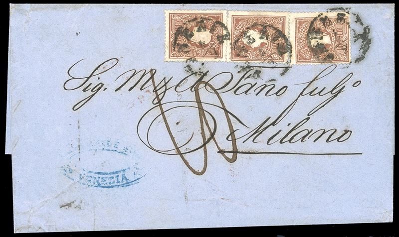 1861 - 10 soldi bruno, II tipo (31), tre esemplari, su lettera di triplo porto da Venezia 4/2/1861 a Milano, dove venne tassata 1 lira per cinque porti Sardi. Interessante e non comune porto multiplo.  - Auction Philately - Cambi Casa d'Aste