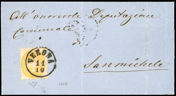 1866 - 2 soldi giallo, dent. 9 1/2 (41), perfetto, isolato su circolare a stampa da Verona 11/10/1866 a San Michele. Ultimi giorni d'uso di francobolli austriaci nel Veneto. Rara e di splendida qualità. E.Diena.