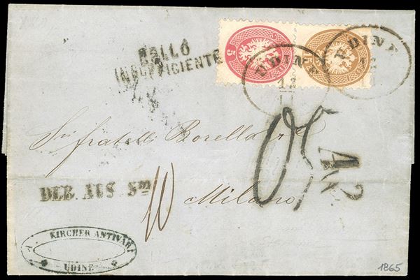 1865 - 5 soldi rosa, 15 soldi bruno, dent. 9 1/2 (43,45), perfetti, su lettera insufficientemente affrancata da Udine 12/11/1865 a Milano, lineare "Deb.Aus.S.di" 10 e tassa 5 cent. Interessante e di ottima qualità.