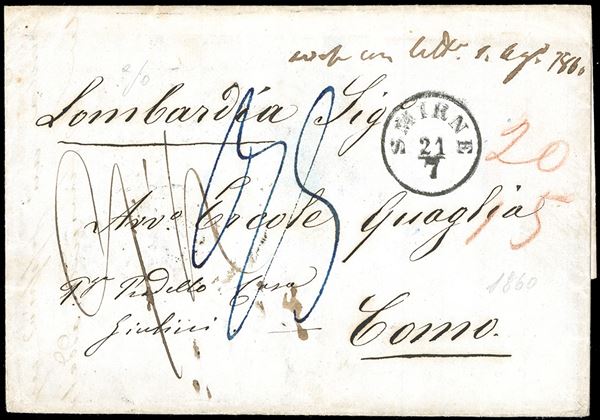 1860 - Lettera in porto assegnato da Smirne 21/7/1860 a Como, trasportata dal Lloyd Austriaco a Trieste e da qui, via di terra, a Desenzano per poi proseguire , via Milano, a destino. Numerosi segni di tassa sul fornte. Interessante documento perché, anche se non affrancato, non è stato instradato per la via di Svizzera.