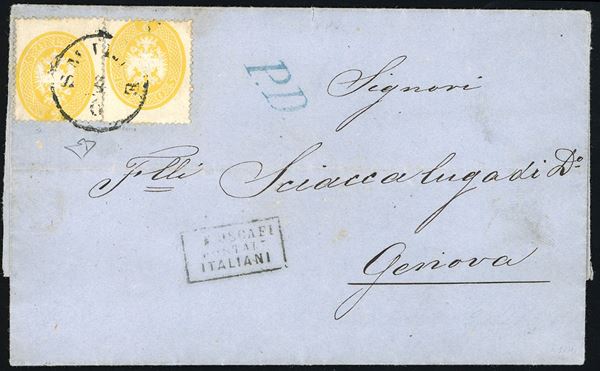 1865 - 2 soldi giallo, dent. 14 (36L), due esemplari con dentellatura orizzontale fortemente spostata in alto, perfetti, su circolare a stampa da Smirne 4/6/1865 a Genova, sul fronte "PD" in azzurro e "Piroscafi Postali Italiani" in cartella , al verso il transito di Brindisi. Rara. E.Diena.