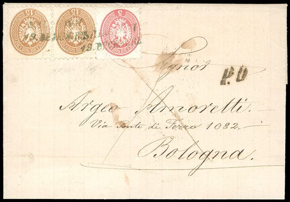 1867 - 5 soldi rosa, 15 soldi bruno, coppia, dent. 9 1/2 (43L,45L), perfetti, su lettera da Salonicco 19/12/1867 a Bologna.