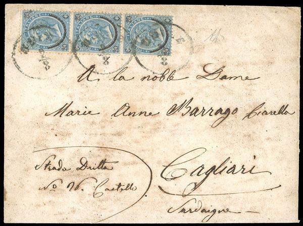 1866 - 20 cent. su 15 cent. Ferro di cavallo, II tipo (Regno 24), striscia verticale di tre, perfetti, su lettera di tre porti da Udine 2/8/1866 (punti 10) a Cagliari. A.Diena.